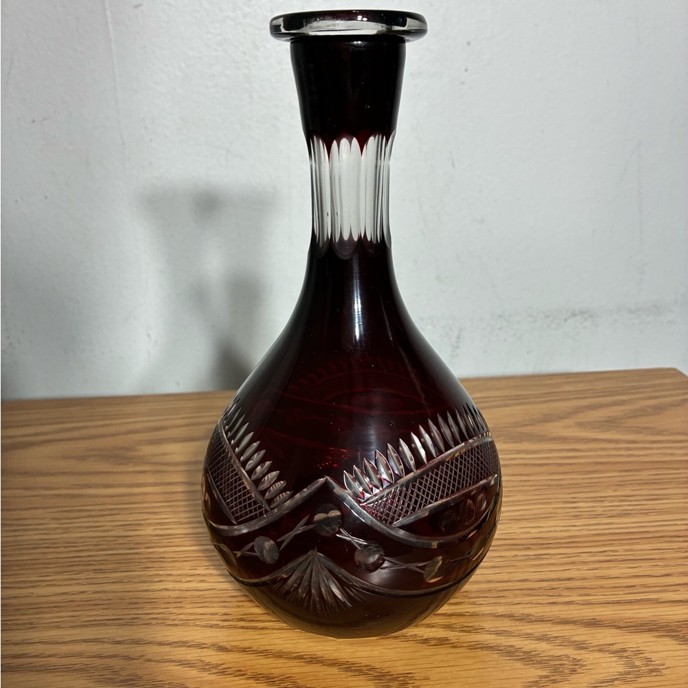 Vintage Bohemian Red Cut to Clear Glass Vase Decanter Bottle